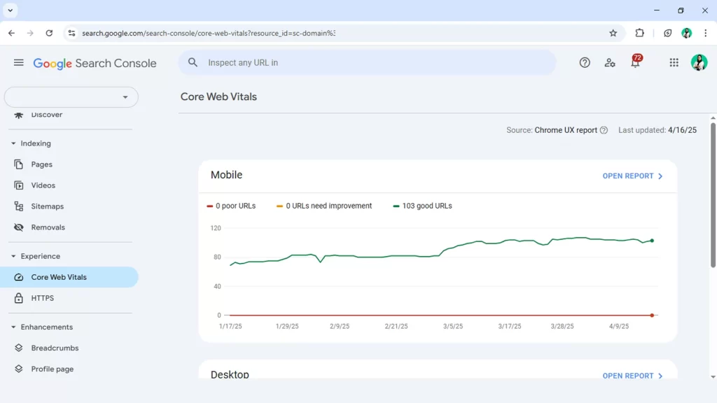 بررسی core web vitals در سرچ کنسول گوگل